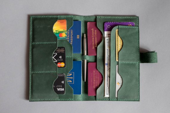 green leather wallet